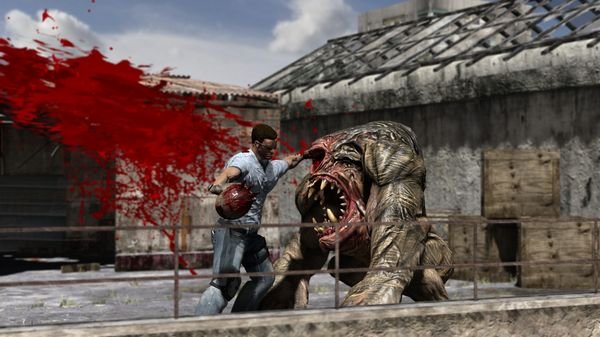 Serious Sam 3: BFE screenshot showing Sam battling a large alien creature with blood splattering in a rooftop-like environment.