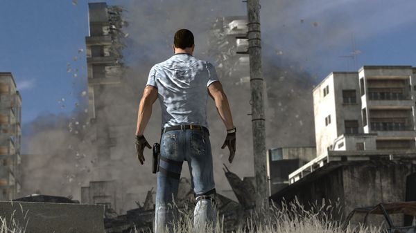 Screenshot from Serious Sam 3: BFE showing the protagonist facing a crumbling urban landscape with debris in the air.