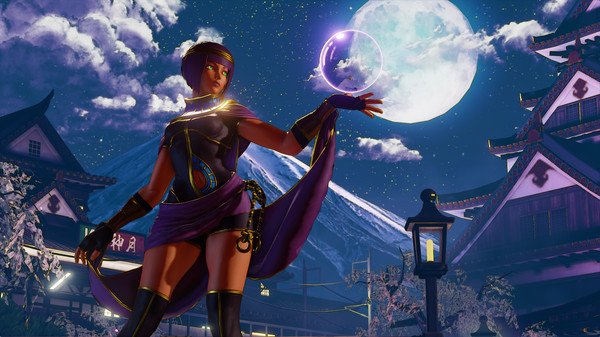 Street Fighter V screenshot: A character poses dramatically under a glowing full moon in a vibrant, traditional Japanese setting.