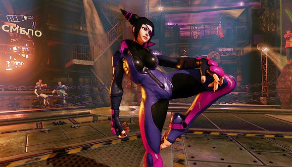 Street Fighter V screenshot: A character in a purple and black outfit strikes a dynamic pose in an industrial arena.