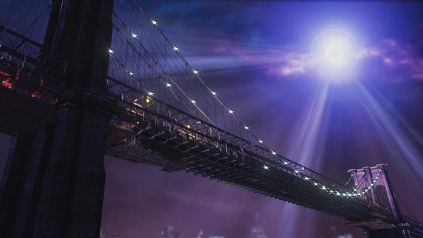 Street Fighter V screenshot showing a dramatic night scene with a brightly lit bridge under a glowing moon.