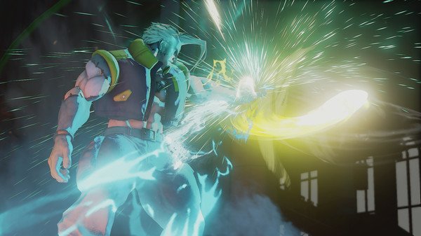 Street Fighter V screenshot: Two characters engage in a dynamic fight, with one unleashing a powerful glowing attack.