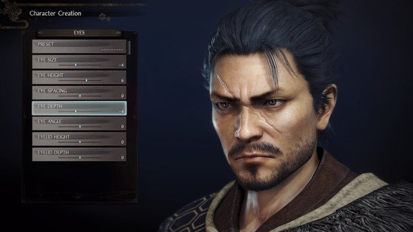 Character creation menu in Nioh 2: Complete Edition screenshot, focusing on eye customization options and character's face details.