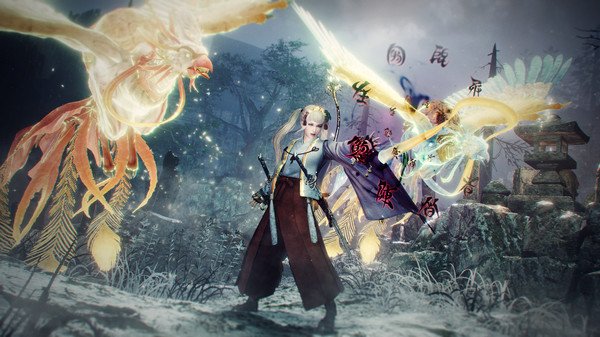 Nioh 2: Complete Edition screenshot: A warrior in traditional attire battles mystical creatures in a forest setting.