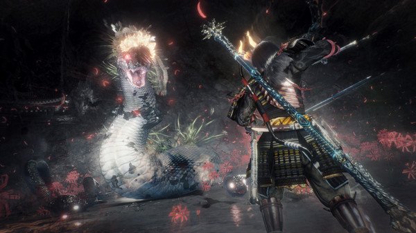 A screenshot from Nioh 2: Complete Edition shows a samurai facing a glowing serpent-like yokai in a dark, eerie environment.