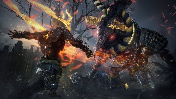 Nioh 2: Complete Edition screenshot showing a fiery clash between a warrior and a horned demon in a dark, eerie battlefield.