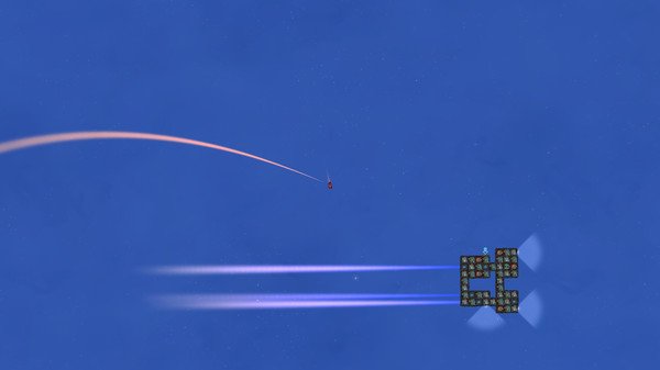 Screenshot from Heat Signature showing a small spaceship leaving a trail as it approaches a larger, grid-like space station.