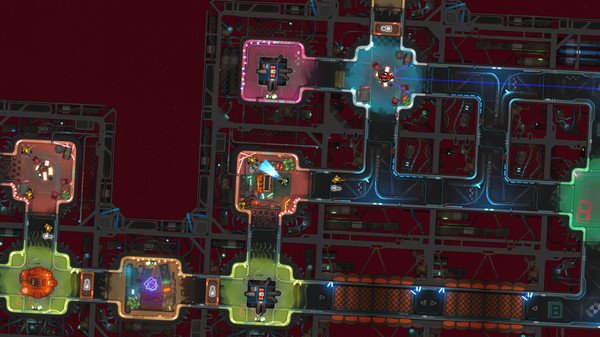 Screenshot from Heat Signature showing a top-down view of a colorful spaceship interior with various rooms and connecting corridors.