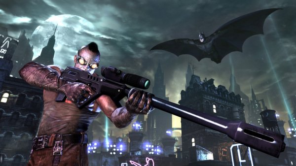 Screenshot from Batman: Arkham City showing a sniper aiming a rifle, with Batman gliding in the moonlit sky above Gotham City.