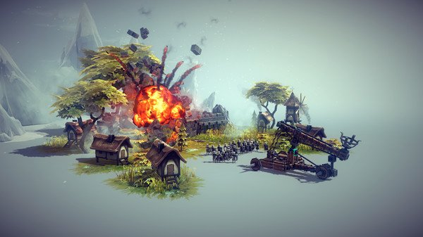 Besiege screenshot: A fiery explosion erupts near a medieval village as a siege weapon launches projectiles amidst chaos.