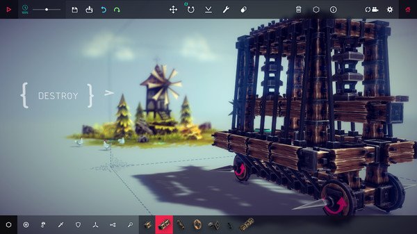 Screenshot from Besiege: a wooden siege machine on wheels targets a windmill with "DESTROY" text beside it.