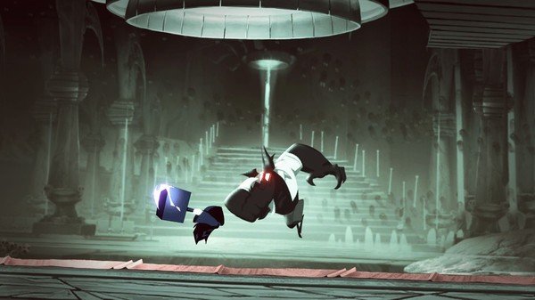 Screenshot from 'Have a Nice Death' showing the main character, a cloaked figure, leaping in an eerie, dimly lit hall.