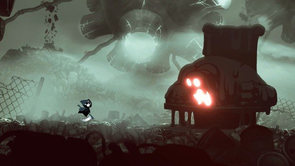 Screenshot from 'Have a Nice Death': A small character faces a large, glowing furnace in a dark, industrial setting.