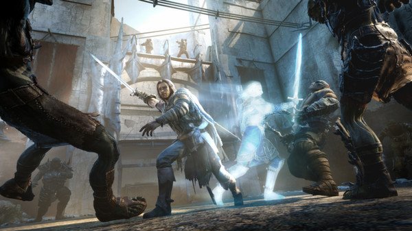 Middle-earth: Shadow of Mordor screenshot showing Talion fighting multiple foes, aided by a glowing wraith in a fortress setting.