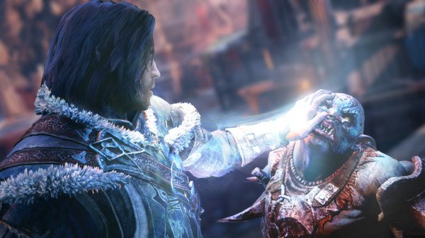 Screenshot from Middle-earth: Shadow of Mordor showing a character gripping an orc's face, with magical effects visible.