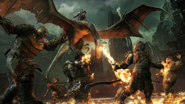 A screenshot from Middle-earth: Shadow of War showing a fiery battle with orcs and a dragon soaring above.