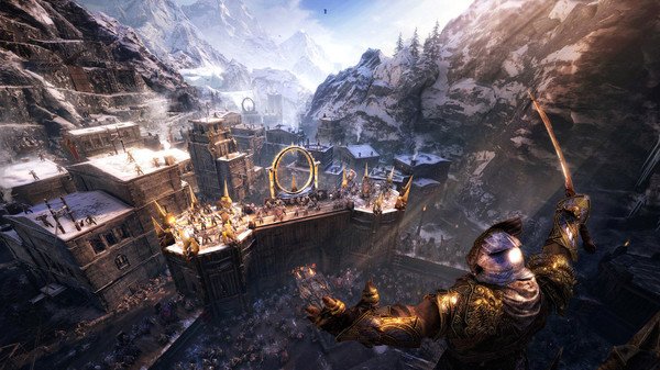 Screenshot from Middle-earth: Shadow of War showing a fortress siege with armies battling and a soldier raising a sword in the foreground.