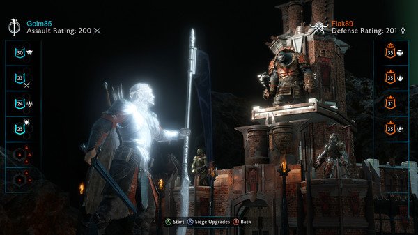 Middle-earth: Shadow of War screenshot showing a glowing character facing an armored enemy atop a fortress. Menu options visible.