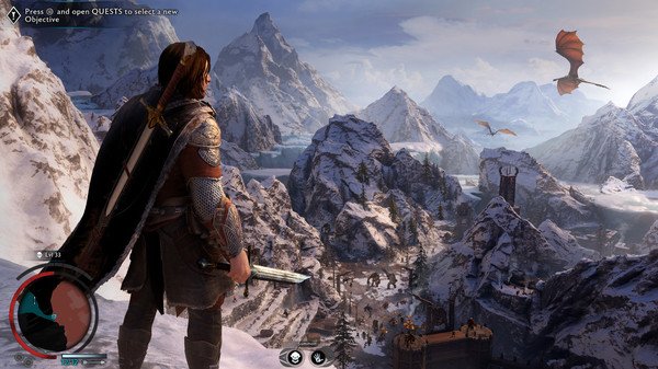 Talion overlooking a snowy mountain landscape with flying dragons in Middle-earth: Shadow of War screenshot.