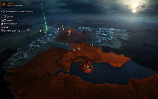 Screenshot from Middle-earth: Shadow of War showing an expansive map view with quest markers and a glowing waypoint.