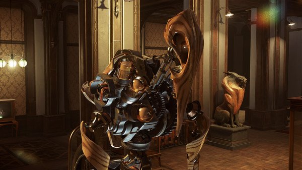 Dishonored 2 screenshot: A mechanical clockwork soldier stands in a lavishly decorated room with statues and ornate architecture.