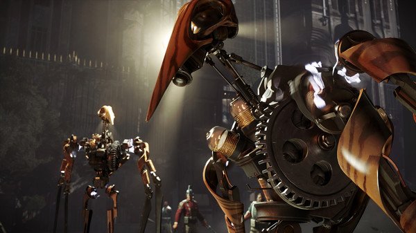 Dishonored 2 screenshot: Two clockwork soldiers stand in a dimly lit area with gears and metallic details, surrounded by a dramatic glow.