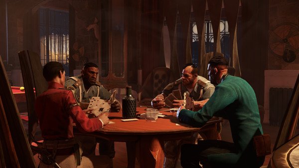 A screenshot from Dishonored 2 showing four characters seated at a table, playing cards in a warmly lit room.