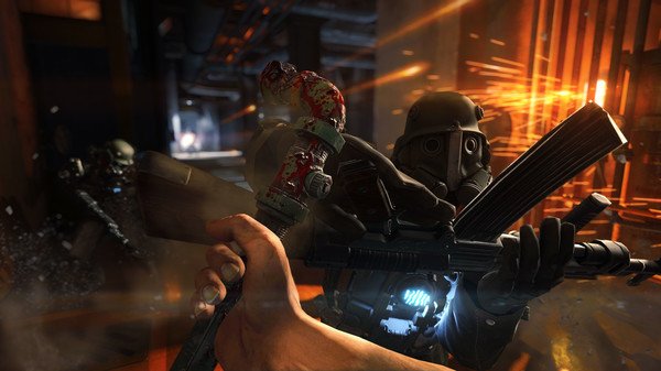 A screenshot from Wolfenstein: The Old Blood showing intense combat with a soldier in dark armor and sparks flying in a dimly lit setting.
