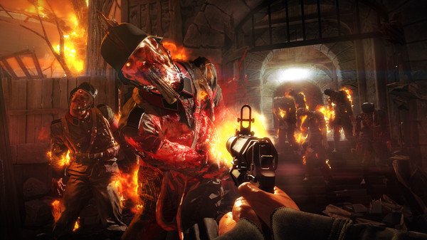 Screenshot from Wolfenstein: The Old Blood showing a player aiming at fiery zombie-like enemies in a dimly lit corridor.