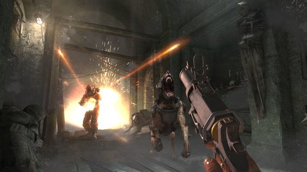 Screenshot from Wolfenstein: The Old Blood showing a player firing at an enemy and a mechanical dog in a dark tunnel.