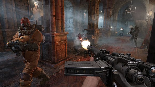 Screenshot from Wolfenstein: The Old Blood showing a player aiming at enemies in a dimly lit, Gothic-style corridor.
