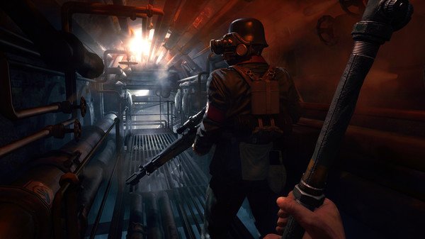 A Wolfenstein: The Old Blood screenshot showing a soldier in a dark tunnel, with the player holding a pipe weapon in the foreground.
