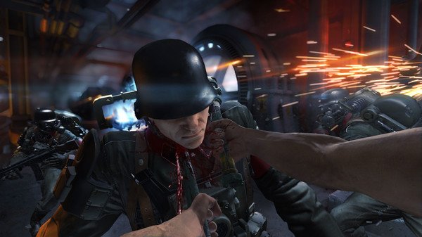 Wolfenstein: The Old Blood screenshot showing a close-up of a soldier being attacked, with sparks flying in a dimly lit environment.