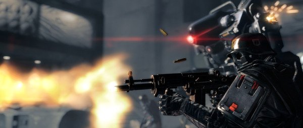 Screenshot from Wolfenstein: The New Order showing a soldier firing a machine gun with bullets flying and flames in the background.