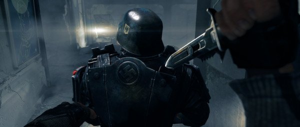 Screenshot from Wolfenstein: The New Order showing a player character stealthily approaching an enemy soldier with a knife.