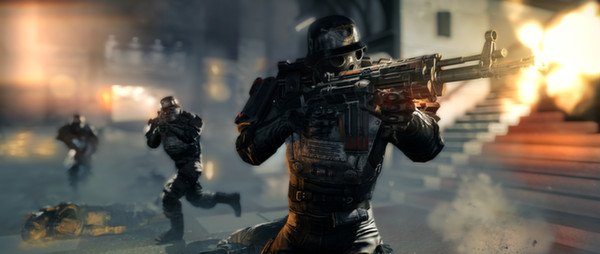 A screenshot from Wolfenstein: The New Order shows armed soldiers in combat, with one firing a rifle amidst smoke and chaos.