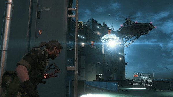 A screenshot from Metal Gear Solid V: The Phantom Pain shows a soldier sneaking near a platform with a helicopter overhead.