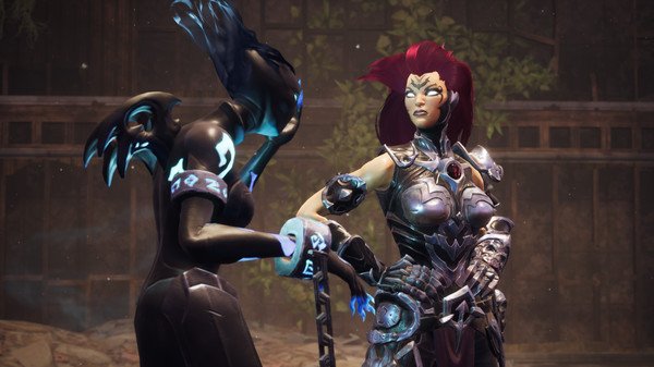 Darksiders III screenshot: Two armored characters engage in conversation, one holding a glowing weapon in a lush, ancient setting.