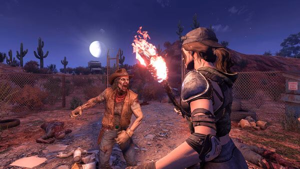 Screenshot from 7 Days to Die: A player character in armor holds a torch, facing a zombie in a desert landscape at night.