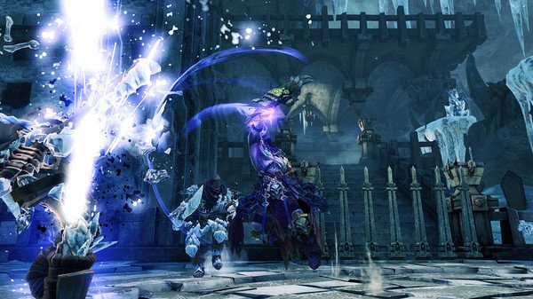 Screenshot from Darksiders II Deathinitive Edition showing a battle scene with Death wielding weapons in a mystical, icy environment.