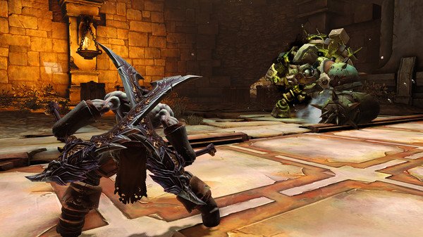 Screenshot from Darksiders II Deathinitive Edition showing Death facing a large, armored construct in a dimly lit, ancient stone room.