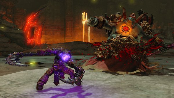 Darksiders II Deathinitive Edition screenshot: A warrior battles a large armored creature in a fiery, stone-walled arena.