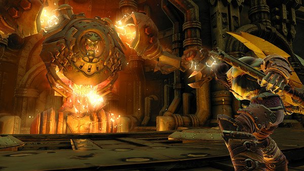 Darksiders II Deathinitive Edition screenshot: Death battles a fiery mechanical boss in a dark, industrial arena.