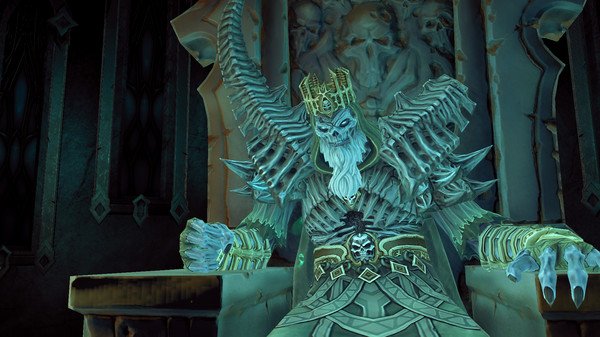 Darksiders II Deathinitive Edition screenshot: A skeletal king with a crown and armor sits on a throne in a dark, ornate chamber.