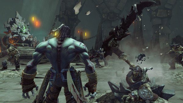 Screenshot from Darksiders II Deathinitive Edition showing Death facing off against armored enemies in a dark, mystical setting.