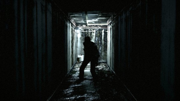 A screenshot from The Evil Within shows a silhouetted figure standing in a dimly lit, eerie hallway with water dripping from the ceiling.