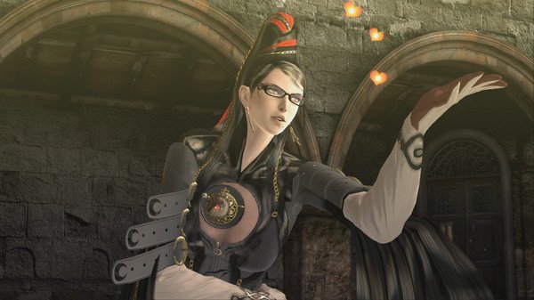 Bayonetta screenshot: The character, wearing a detailed black outfit, gestures with glowing lights near an arched stone doorway.