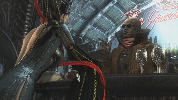 Bayonetta screenshot: Bayonetta, in an elegant outfit, interacts with a bartender at a dimly lit bar with neon signage in the background.