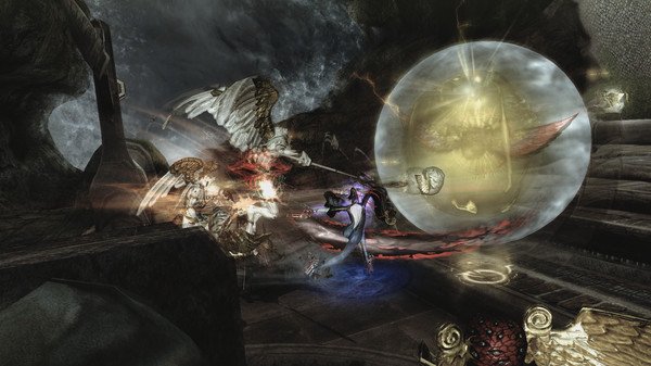 Bayonetta screenshot: Bayonetta battles angelic enemies in a dark, rocky setting with glowing effects and dynamic combat visuals.