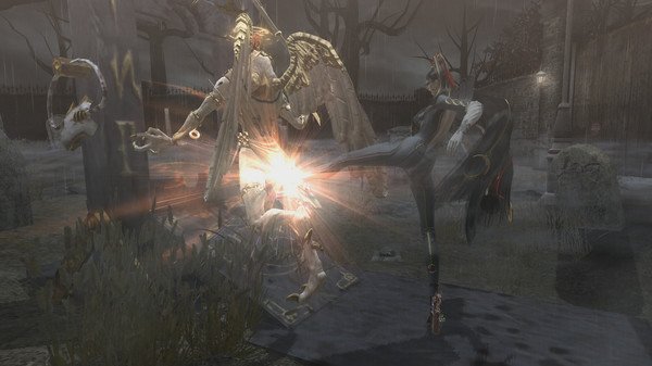 Bayonetta screenshot: Bayonetta performing a kick attack on an angelic enemy in a foggy graveyard setting.